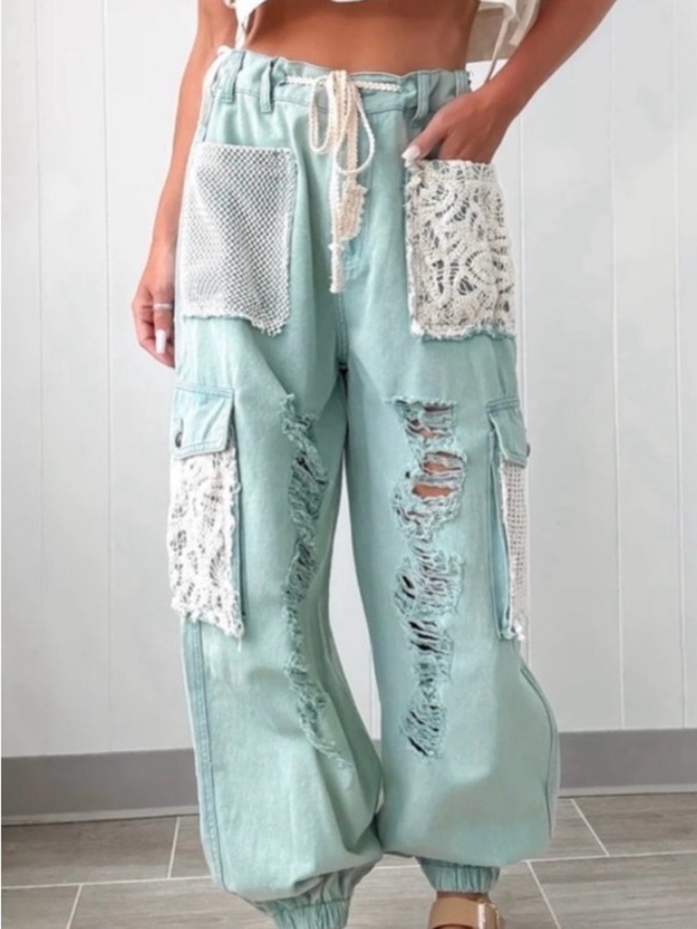 #1379 POL Pink Distressed Cargo Track Pants with Crochet Pockets - Picture 7 of 14